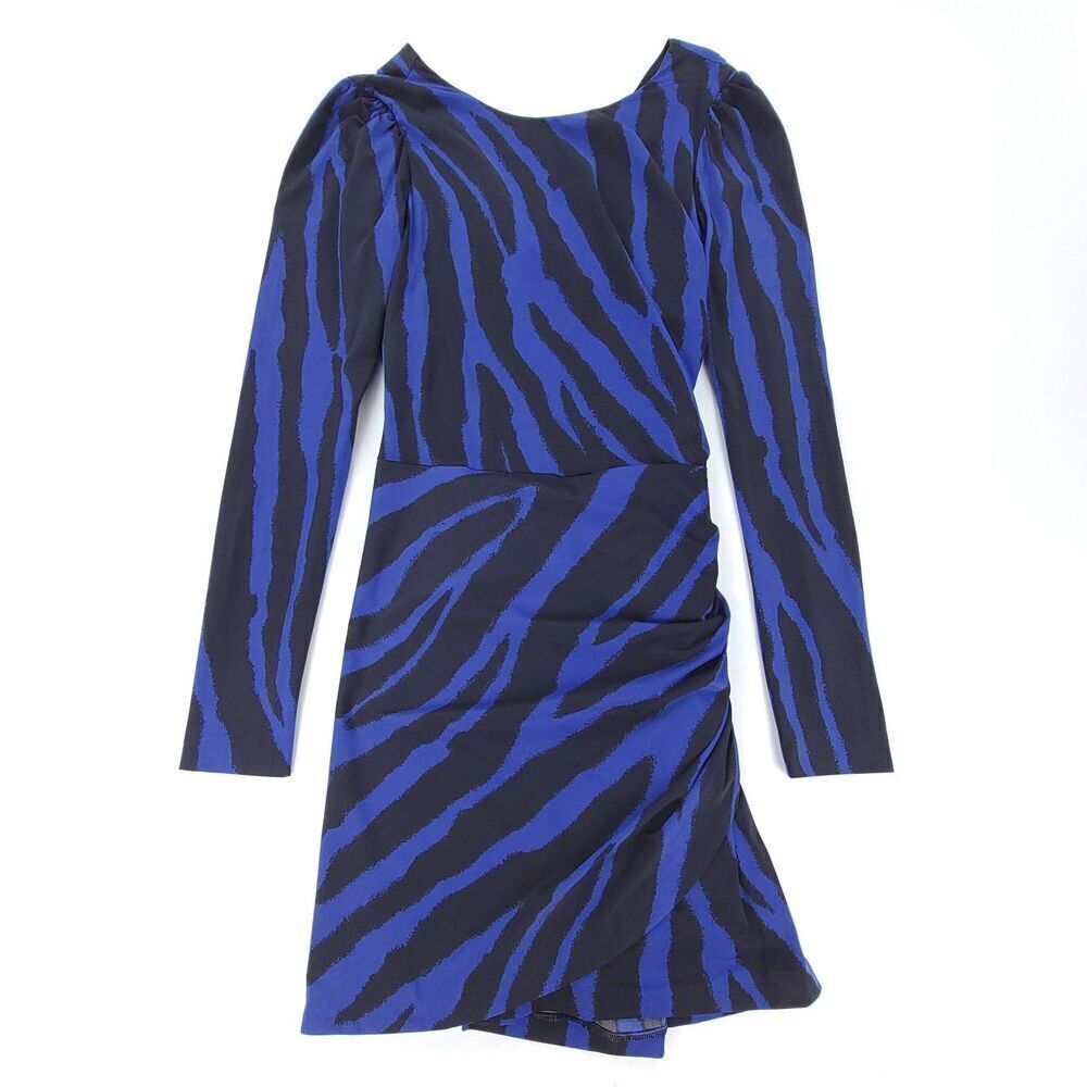 REISS Brandy Ruched Twisted Open Back Cocktail Mini Dress Blue Zebra Stripe 8